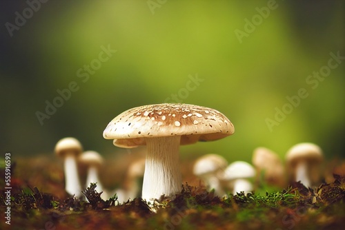 fresh brown mushrooms with white dots in the forest, generative ai