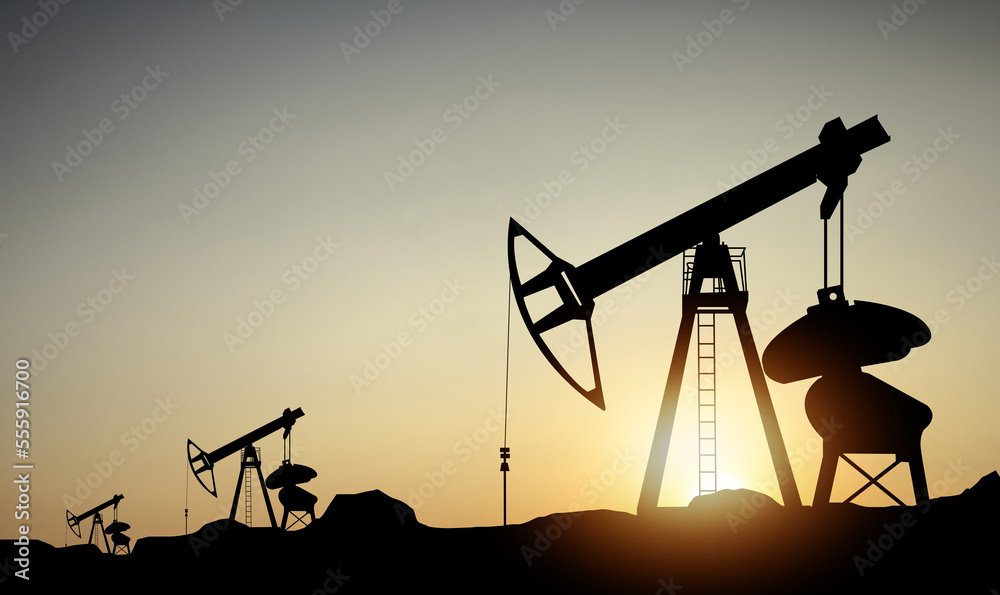 Oil pump oil rig energy industrial machine for petroleum in the sunset
