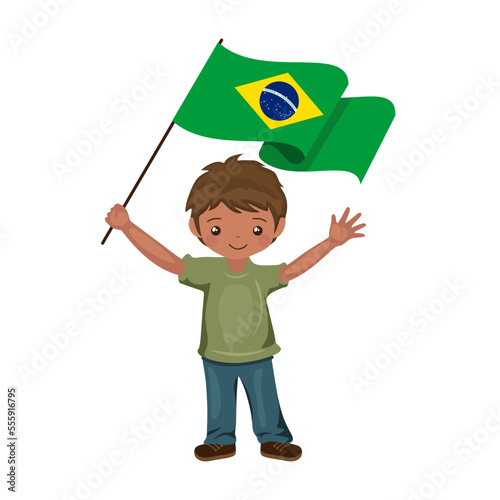 Boy with the flag of Brazil, a beautiful little child holds the flag of Brazil in his hand in flat style. vector illustration