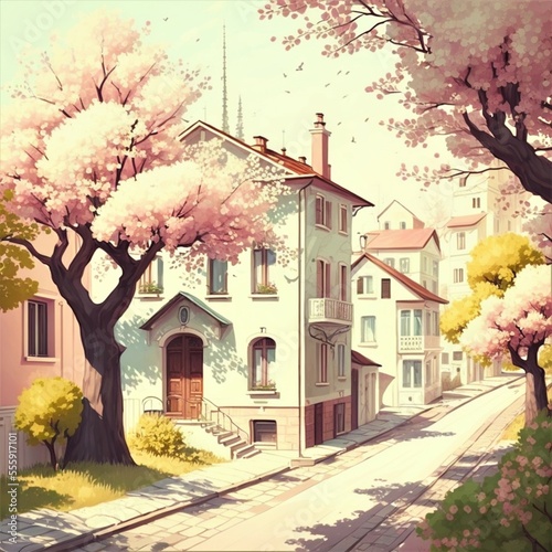 Town street in spring, trees in pink bloom and cozy houses, AI Generated illustration.
