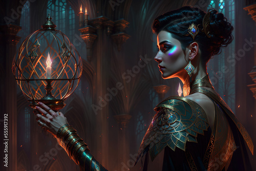 a woman holding a lantern in a dark room, fantasy art, style of magic the gathering