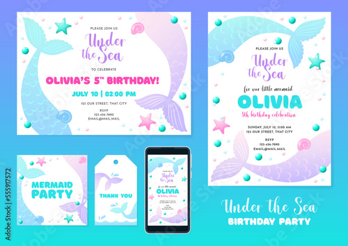 Under the Sea party invitation templates. Set of cute backgrounds decorated with mermaid tails, pearls and star fish. Vector 10 EPS.