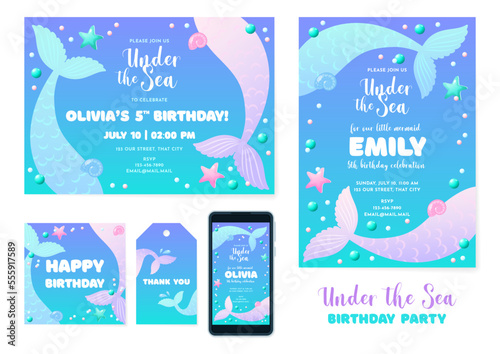 Under the Sea party invitation templates. Set of cute backgrounds decorated with mermaid tails, pearls and star fish. Vector 10 EPS.