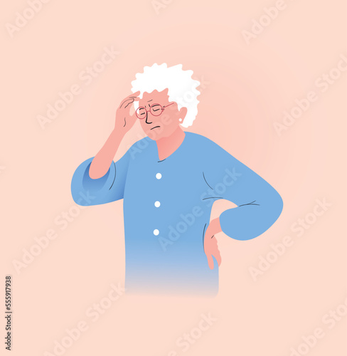 Elderly woman suffering from a headache and touching her head with her hands. Vector illustration