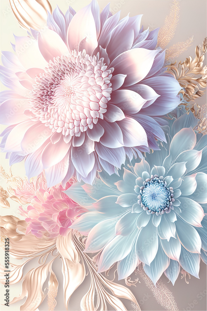 Elegant pink and purple background with fresh spring flowers. Romantic love atmosphere. Illustrated floral flat lay. Generative AI.