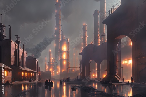 beautiful matte painting of a town in a dim chemical factory, photo