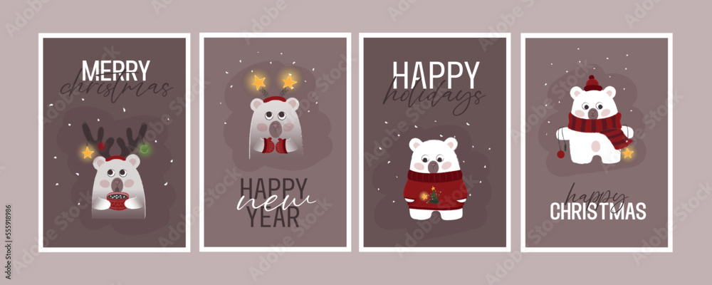 A series of postcards with bears for the New Year and Christmas