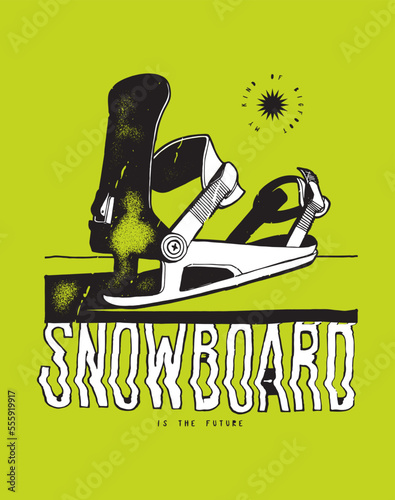 Snowboard binding distressed winter sports vintage typography t-shirt print vector illustration.