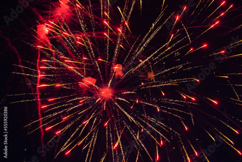 Bright  beautiful red fireworks in the night sky.