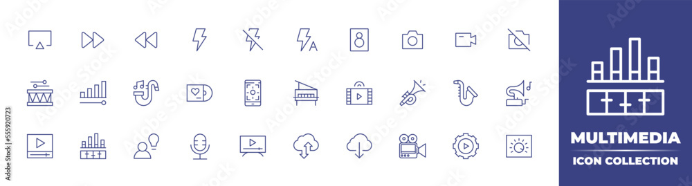 Multimedia line icon collection. Editable stroke. Vector illustration. Containing airplay, forward, backward, flash, no flash, auto flash, boombox, camera, video, no camera, drum, volume, and more.