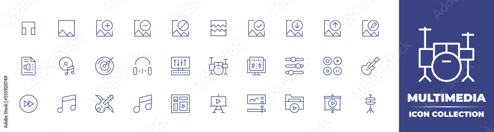 Multimedia line icon collection. Editable stroke. Vector illustration. Containing headphone, image, image plus, image minus, image block, image broken, image check, image download, and more.