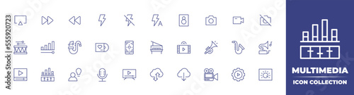 Multimedia line icon collection. Editable stroke. Vector illustration. Containing airplay, forward, backward, flash, no flash, auto flash, boombox, camera, video, no camera, drum, volume, and more. photo