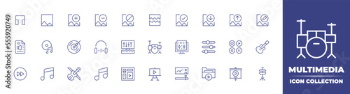 Multimedia line icon collection. Editable stroke. Vector illustration. Containing headphone  image  image plus  image minus  image block  image broken  image check  image download  and more.