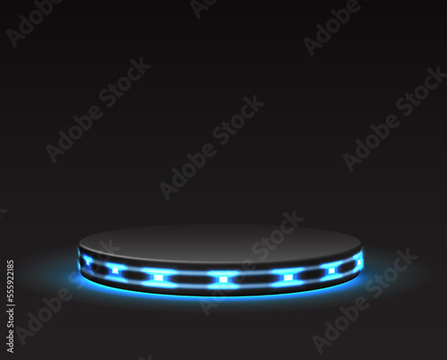 3d realistic vector round stage on dark background. Sci-fi glowing tech stage.