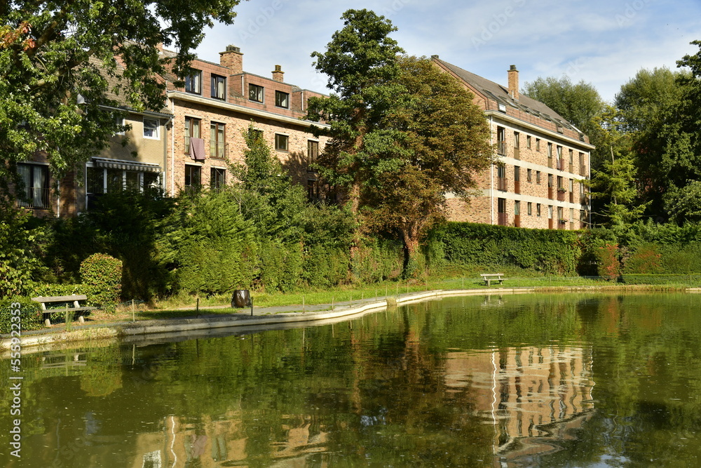 Lotissement résidentiel moderne en pleine nature au bord d'un étang paisible au parc du Paradis à Braine l'Alleud en Brabant Wallon
