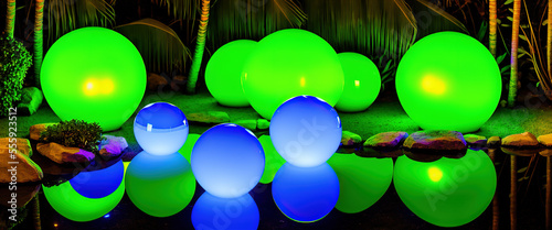 Generative AI illustration of neon balls in tropical park at night photo