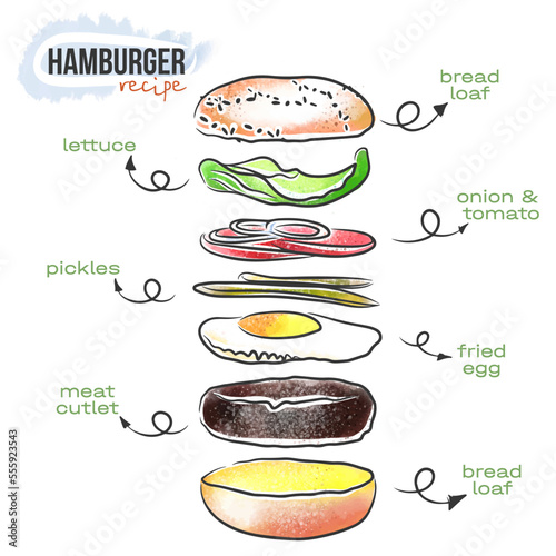 Delicious hamburger recipe, food illustration, instruction, watercolor, doodle, ingredients