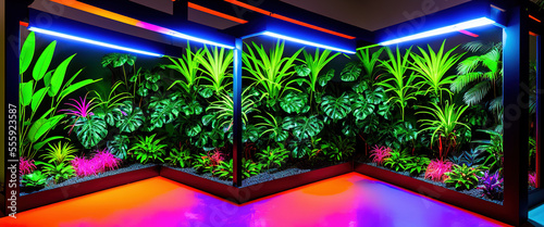 Generative AI picture with colorful neon lights and tropical plants photo