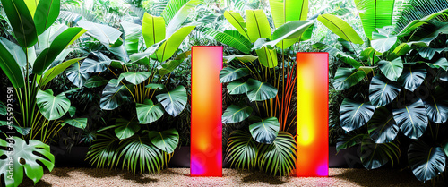 Generative AI illustration of neon lamps in lush jungle photo