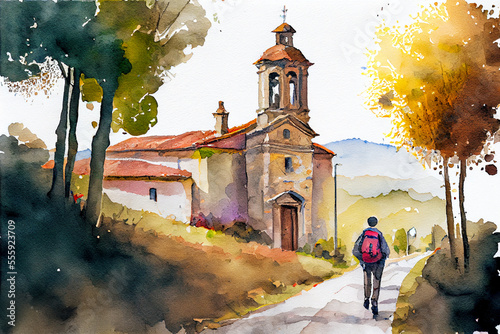 Way of St James , Camino de Santiago, Spain, watercolor landscape