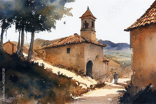 Fotografering Way of St James , Camino de Santiago, Spain, watercolor landscape