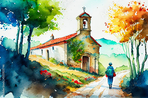 Papier peint Way of St James , Camino de Santiago, Spain, watercolor landscape
