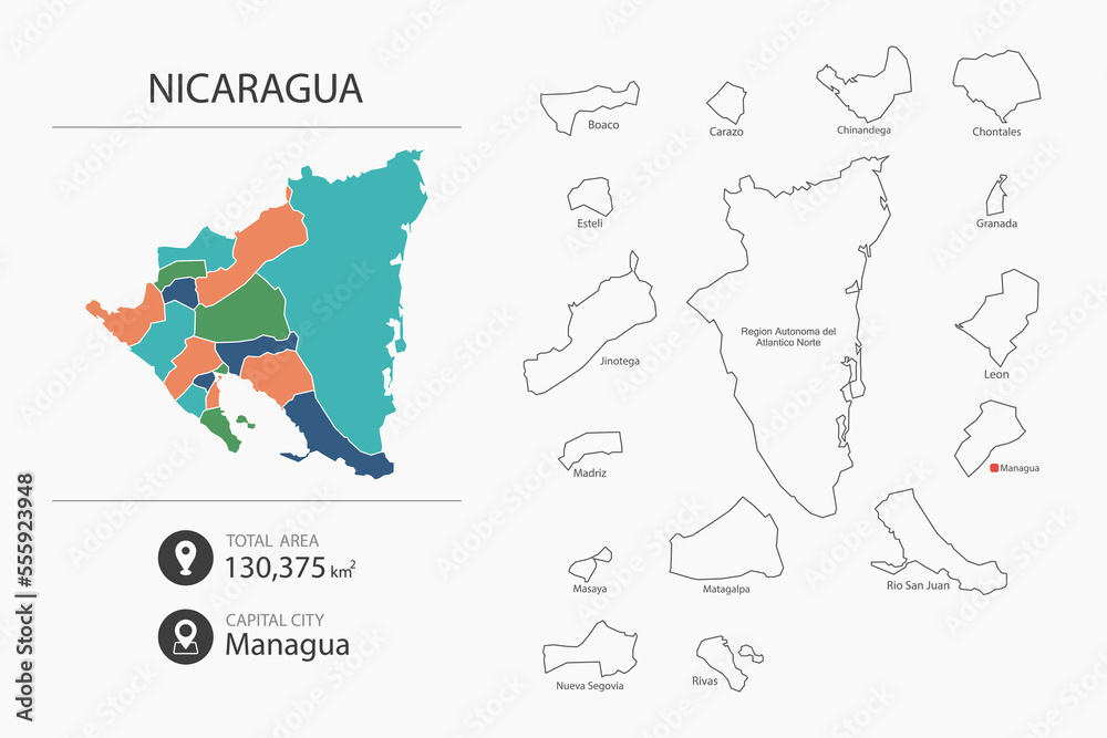Map of Nicaragua with detailed country map. Map elements of cities, total areas and capital.