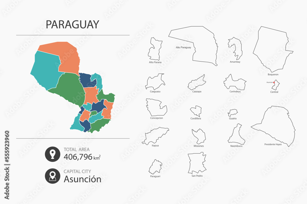 Map of Paraguay with detailed country map. Map elements of cities, total areas and capital.