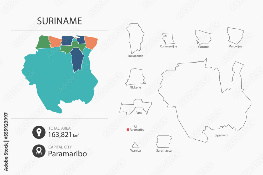 Naklejka premium Map of Suriname with detailed country map. Map elements of cities, total areas and capital.