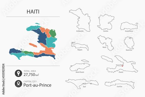 Map of Haiti with detailed country map. Map elements of cities, total areas and capital.