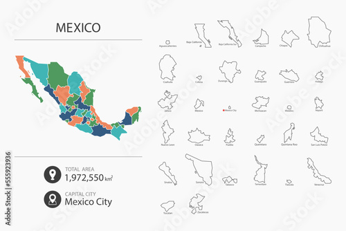 Map of Mexico with detailed country map. Map elements of cities, total areas and capital.