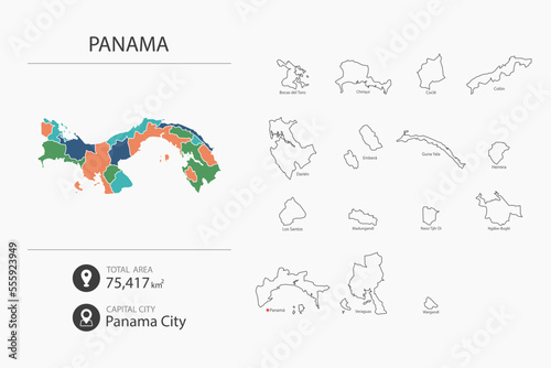 Map of Panama with detailed country map. Map elements of cities  total areas and capital.