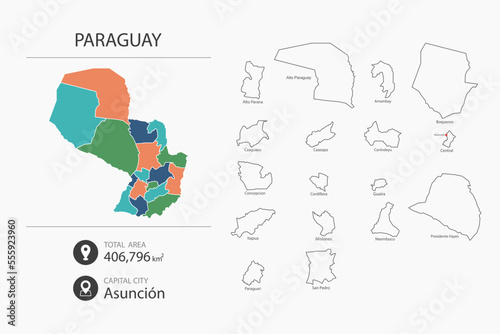 Map of Paraguay with detailed country map. Map elements of cities  total areas and capital.