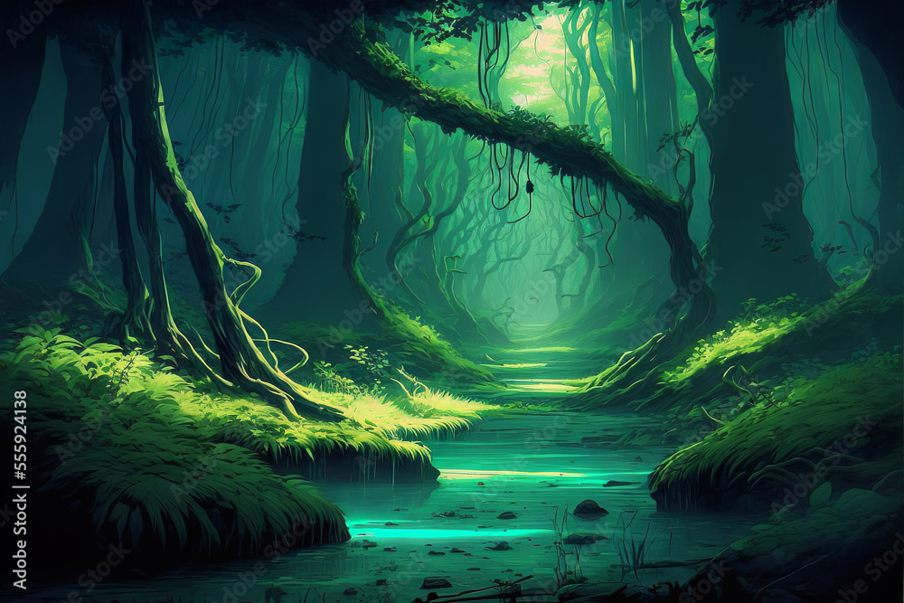 Fantasy old forest. Concept art of magical ancient worlds. Big trees,  surreal atmosphere. Mystery landscape. Cartoon artwork with beautiful  fantastic plants. Magical world. Video game digital painting Stock  Illustration | Adobe Stock