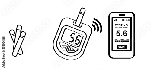 Check, blood, glucose meter or glucometer on mobile app. Blood sugar test, level on display. Diabetes insulin. Device for testing and monitoring level of sugar. Cartoon control and diagnosis of diabet