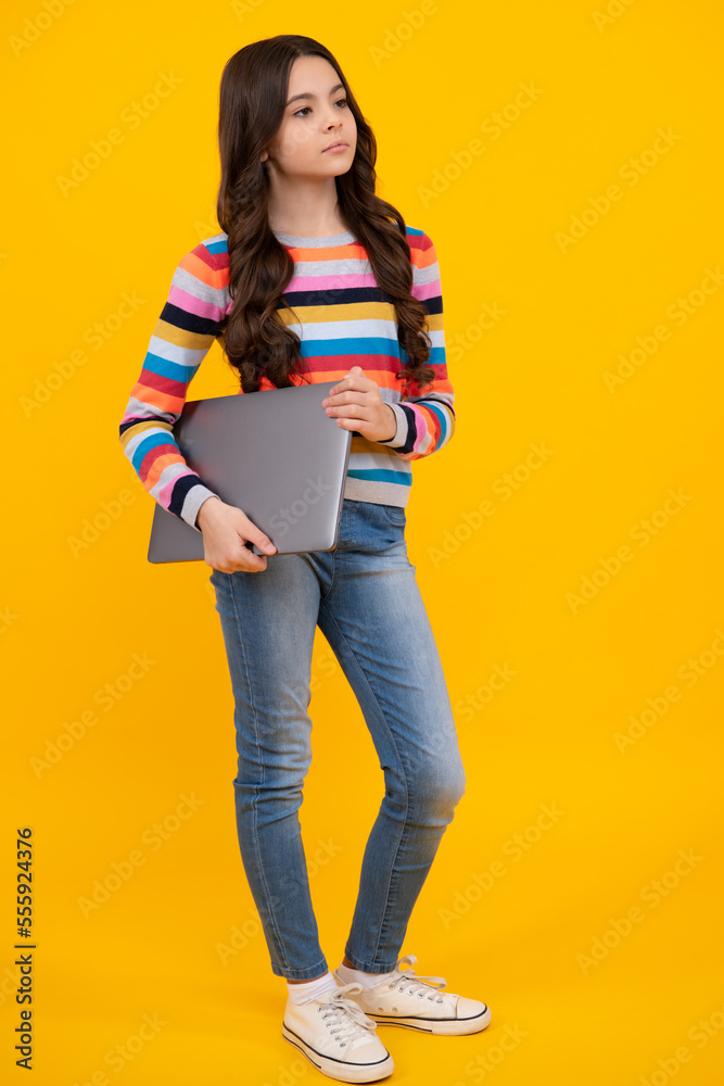 Student school girl with laptop on isolated studio background. Video online webinar, learn on laptop, elearning lesson, pc computer call. Student school girl with laptop on isolated studio background. Video online webinar, learn on laptop, elearning lesson, pc computer call.