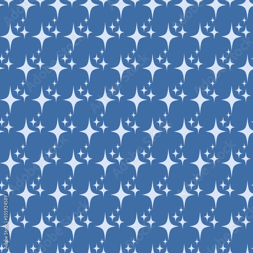 Seamless geometric pattern with white stars on blue background. Vector print for fabric background, textile