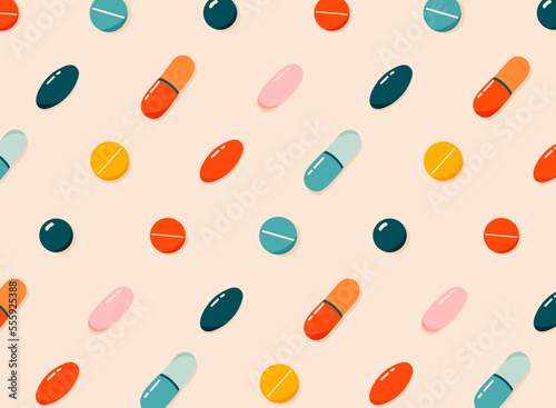 Colorful pills, drugs, vitamins seamless pattern. Healthcare, coronavirus and medicine concept. Hand-drawn modern vector illustration for web banner, card design. 