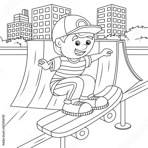 A boy rides a skateboard at the skatepark. Coloring book for children. Vector illustration