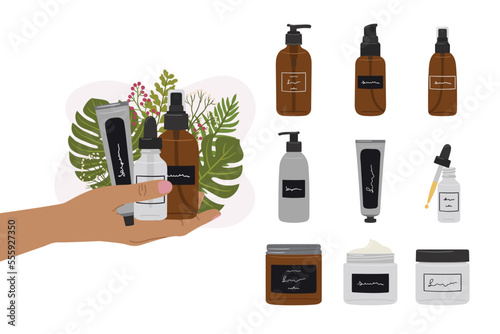 Female hand holds organic cosmetic products in bottles, jars for skincare with abstract shape and greenery. Extra cosmetics product cleanser, tonner, serum, cream. Hand draw vector illustration