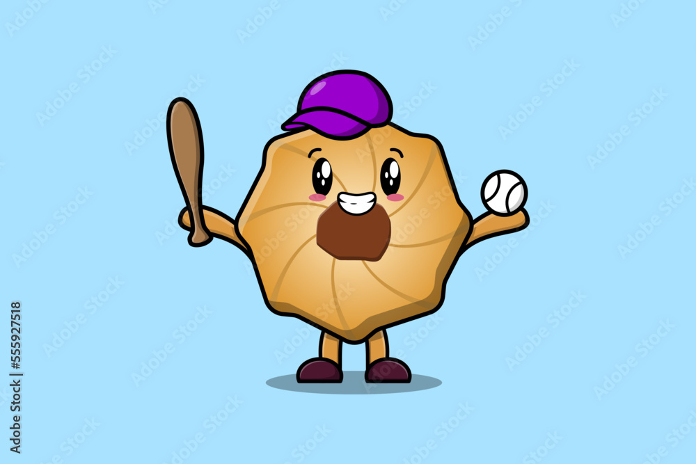Fototapeta premium Cute cartoon Cookies character playing baseball in modern style design