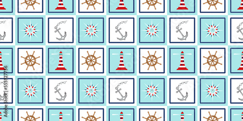Fototapeta Naklejka Na Ścianę i Meble -  Summer, marine, nautical concepts seamless pattern design with rope, rudder, lighthouse, anchor and compass. Cute travel background