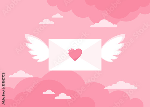 Paper envelope with heart and wings on a pink cloudy background. Love letter concept. Vector illustration in flat style