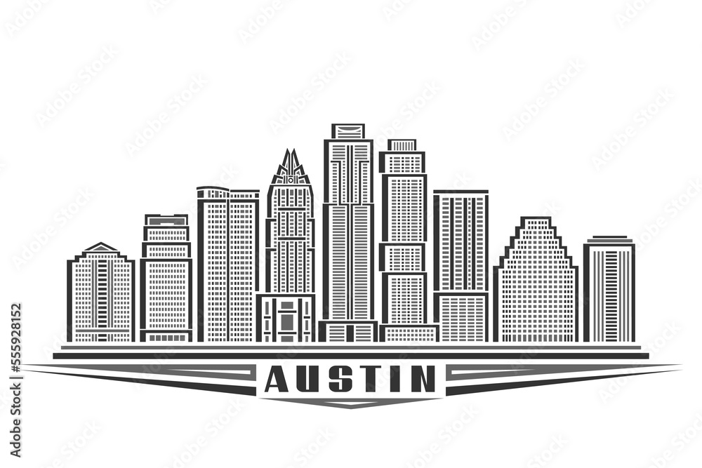 Vector illustration of Austin, monochrome horizontal sign with linear design famous austin city scape, american urban line art concept with decorative letters for black text austin on white background