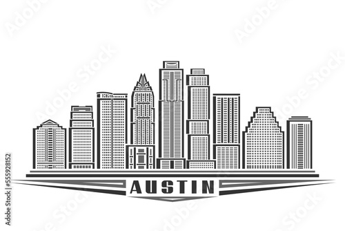 Vector illustration of Austin, monochrome horizontal sign with linear design famous austin city scape, american urban line art concept with decorative letters for black text austin on white background photo