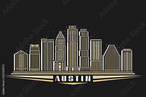 Vector illustration of Austin, dark horizontal poster with linear design famous austin city scape on dusk sky background, american urban line art concept with decorative letters for white text austin photo