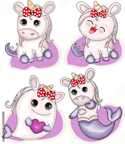 Cute unicorn cartoon looks vector illustration set