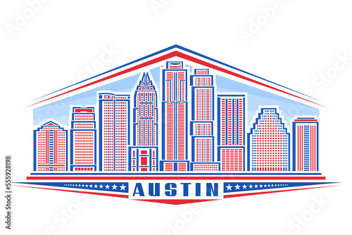 Vector illustration of Austin, horizontal badge with simple linear design famous austin city scape on day sky background, red urban line art concept with decorative lettering for blue text austin photo