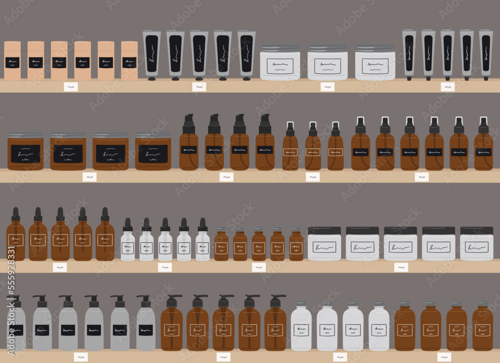 Set of recyclable bottles, jars and tubes with organic cosmetics, skin care products on shelves in supermarket. Set of cosmetic packaging. Serum, oil, cream and lotion. Hand draw vector illustration