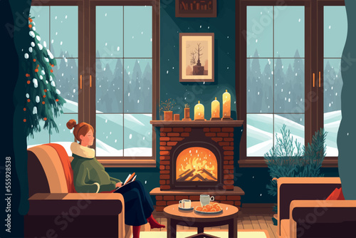 Warm and Cozy Winter  Vector Illustration Hygge Interior. Lantern, Candle Light, and a Mug of Tea at the Sofa by the Winter Window with Snowy Forest Landscape Outside. Generative AI. 